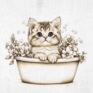 May include: A black and white illustration of a kitten sitting in a bathtub with flowers around the rim. The kitten is looking up with a curious expression.