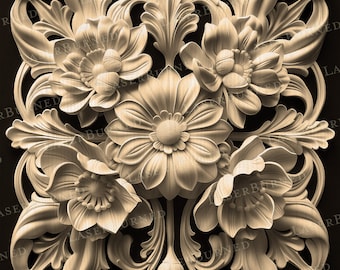 May include: A carved wooden floral design with intricate details. The design features a central flower with five petals and a smaller flower on each side. The flowers are surrounded by leaves and vines.