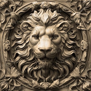 May include: A detailed relief carving of a lion's head, centered within a circular frame. The lion has a full mane and detailed facial features. The carving is surrounded by floral and foliate elements, all in a neutral, warm tone.