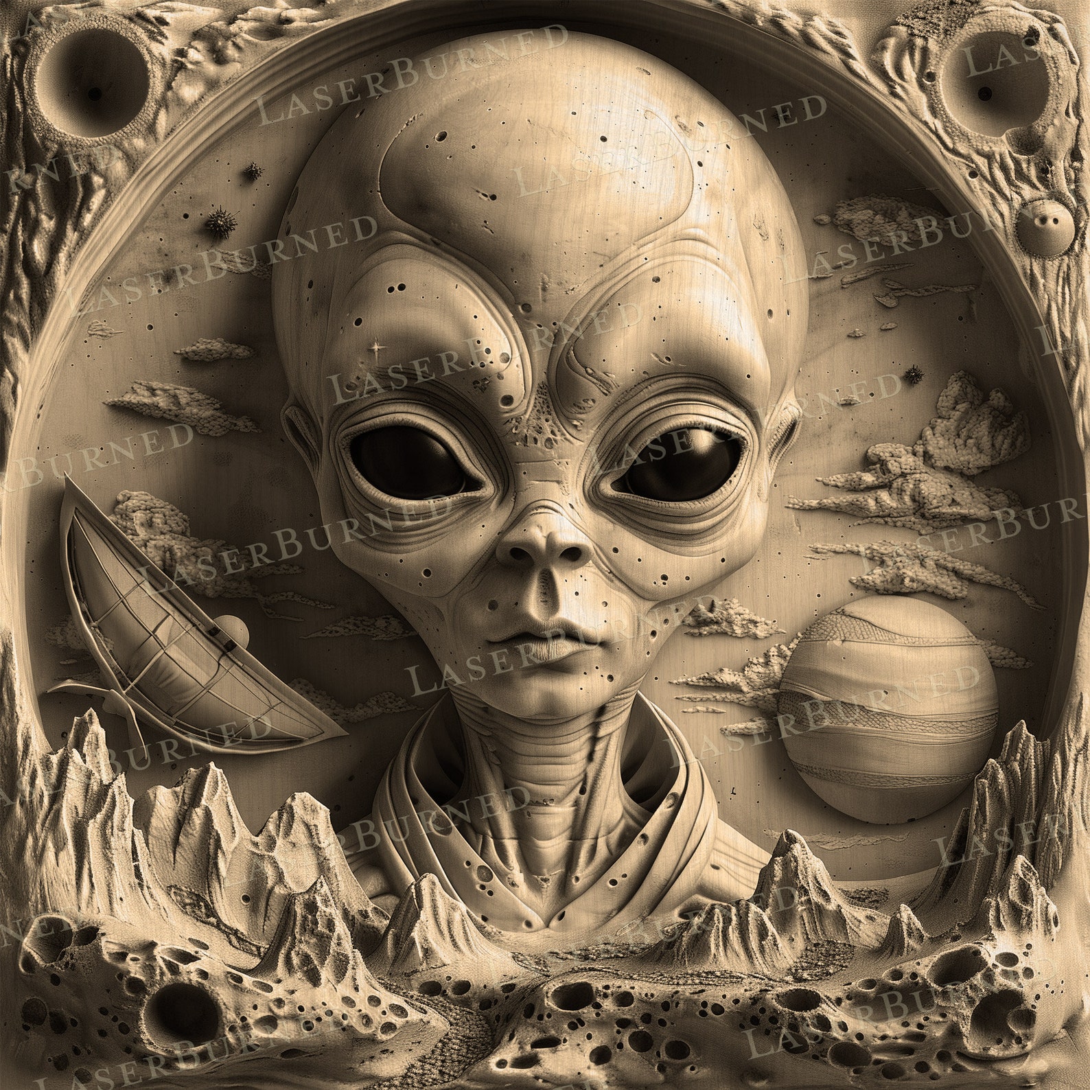 Laser Engrave PNG of an Alien With Planetary Background | 3D Illusion ...