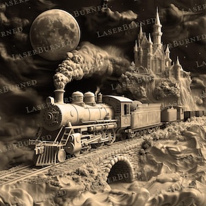 May include: A vintage steam train travels across a bridge towards a castle in the clouds. The train is made of metal and has a large smokestack. The castle is made of stone and has many towers. The scene is set against a backdrop of a full moon and clouds.