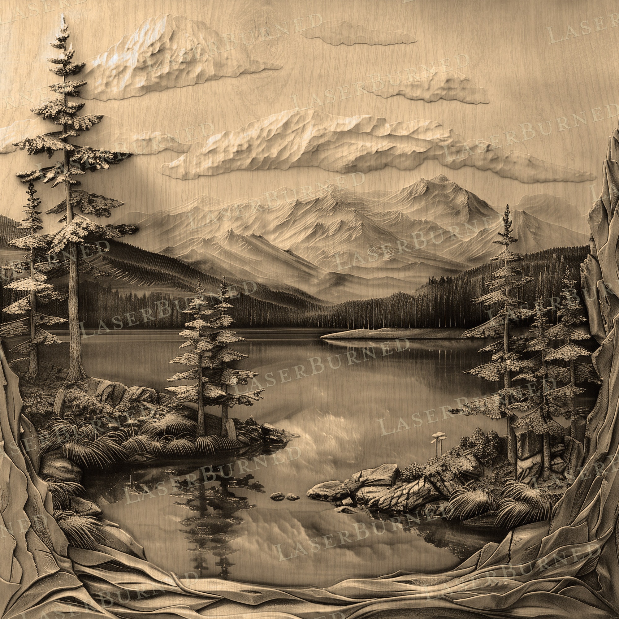 Laser Engrave PNG of a Mountain and Lake in the Pacific Northwest 3D