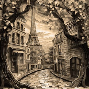 Laser Engrave PNG de uma Rua de Paris com a Torre Eiffel | 3D Illusion Laser Burn | Arquivos Digitais para Adobe Illustrator, Photoshop, Lightburn