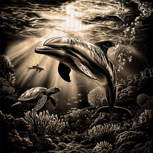 May include: A black and white illustration of a dolphin swimming through a coral reef. The dolphin is in the center of the image, with a sea turtle swimming below it. The coral reef is in the background, with sunlight shining through the water.