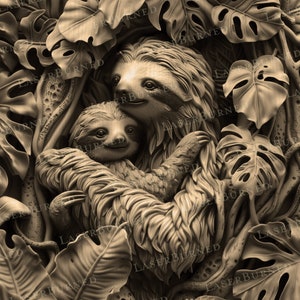 May include: A close-up of two sloths hugging each other. The sloths are brown and furry, and they are surrounded by green leaves. The image is a 3D carving.