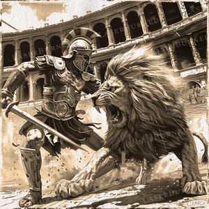 Könnte beinhalten: Eine Sepia-Illustration eines römischen Gladiators in voller Rüstung, der einem brüllenden Löwen in einer antiken römischen Arena gegenübersteht. Der Gladiator hält ein Schwert in seiner rechten Hand und ist bereit zu kämpfen.