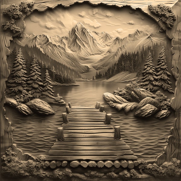 Lasergraveer png-bestand van een bergmeer met vissteiger | 3D-illusie branden | Digitale bestanden voor Illustrator, Photoshop, Lightburn