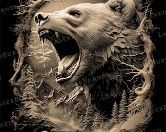 Laser Gravur PNG eines brüllenden Grizzlybären in einer Höhle | 3D Illusion Brand | Digitale Dateien für Illustrator, Photoshop, Lightburn