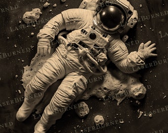 Gravure PNG au laser d'un astronaute agitant dans l'espace | Illusion de gravure 3D | Fichiers numériques pour Illustrator, Photoshop, Lightburn