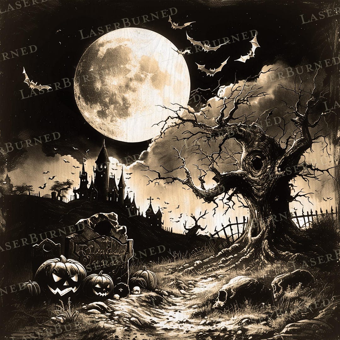Laser Engrave PNG of a Halloween Landscape | 3D Illusion Burn | Digital ...