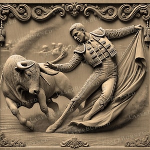 May include: A detailed wood carving of a bullfight scene. A matador in a traditional costume stands with a red cape in his hand, facing a charging bull. The scene is carved in high relief, with intricate details in the clothing, the bull's horns, and the matador's cape.