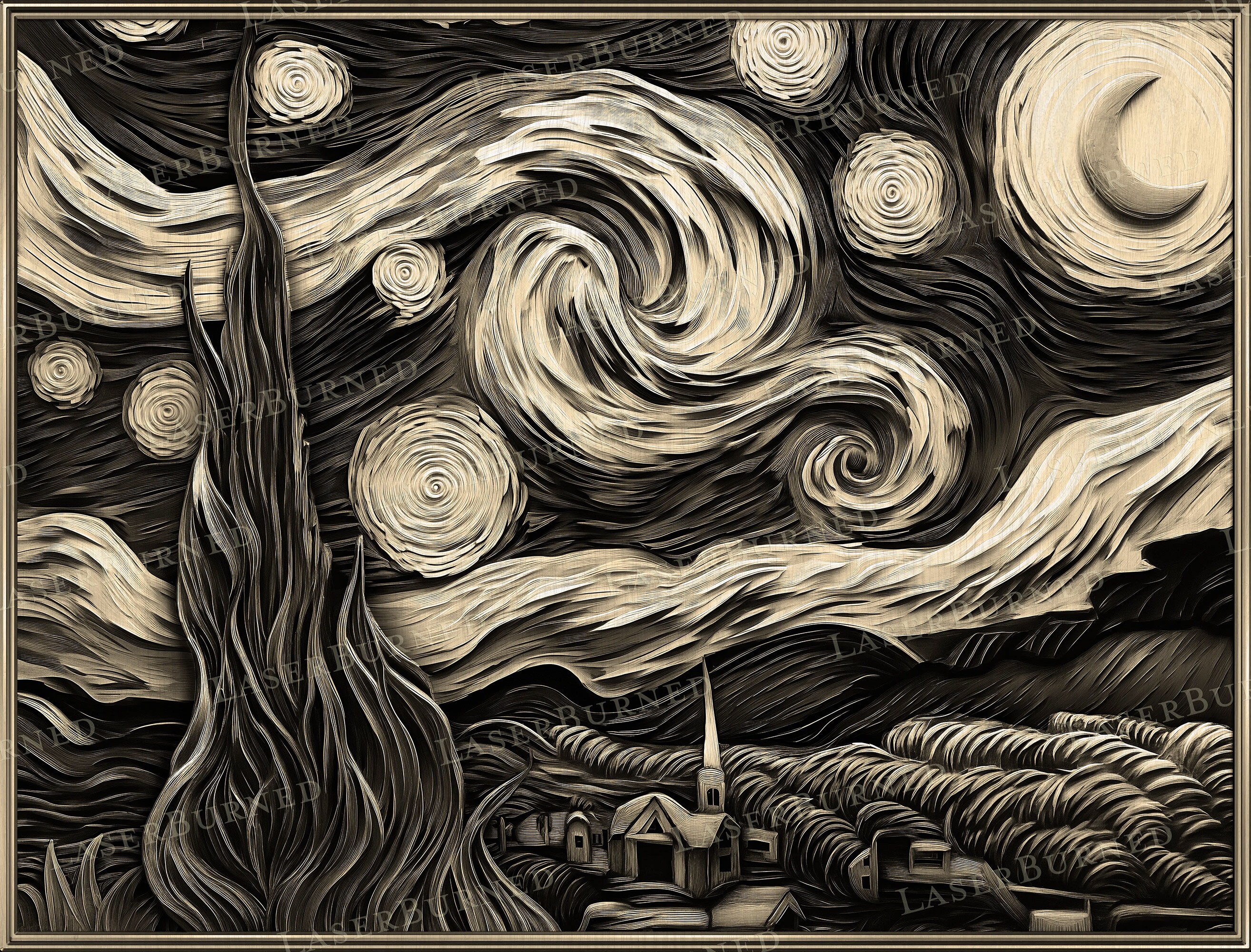 Laser Engrave PNG of a Van Gogh Starry Night | 3D Illusion Burn