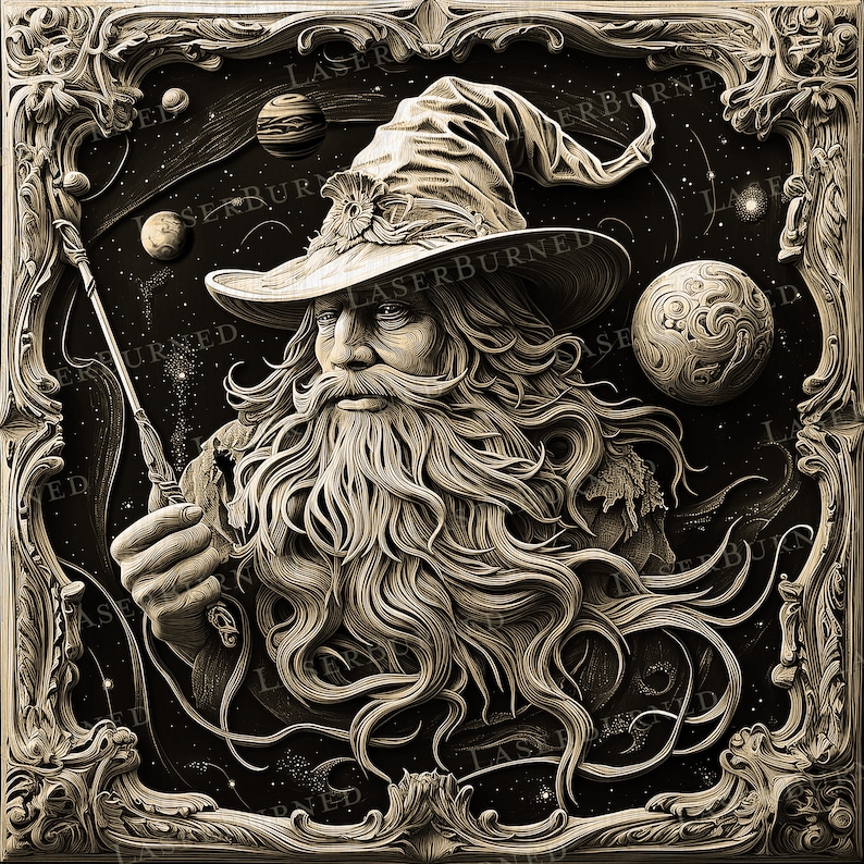 Laser Engrave PNG of a Magical Wizard With Wand and Planets | 3D ...