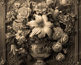 May include: A sepia-toned floral relief carving featuring a detailed arrangement of various flowers, including roses and lilies, overflowing from an ornate vase. The vase is set within a decorative frame with scrolling embellishments.