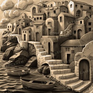 May include: A detailed wood carving depicting a seaside village with houses, steps, and boats. The carving is painted in shades of brown and beige, giving it a realistic and textured appearance.
