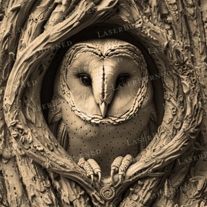 May include: A detailed sepia-toned carving of a barn owl nestled in a tree hollow. The owl's face is heart-shaped with dark eyes and a sharp beak. The surrounding tree bark and branches are intricately carved, creating a textured, naturalistic scene.