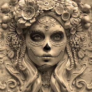 Gravure PNG au laser d'un crâne en sucre - Femme du jour des morts | Illusion de gravure 3D | Fichiers numériques pour Adobe Illustrator, Photoshop, Lightburn