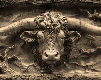 May include: A wooden wall sculpture of a bull's head with large horns. The sculpture is carved in a rustic style and has a natural wood finish.
