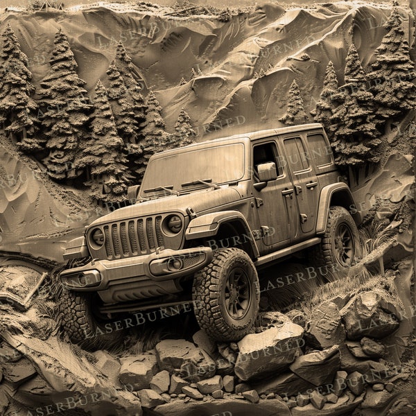 Laser Engrave PNG of an 4 Wheel Vehicle on Rocky Terrain | 3D Illusion Burn | Digital Files for Illustrator, Photoshop, Lightburn