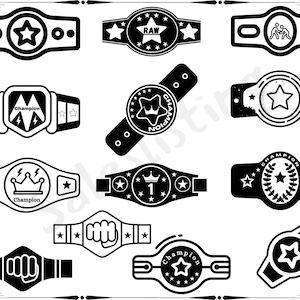 May include: Black and white illustrations of various championship belts with different designs, including stars, crowns, and the word "Champion".