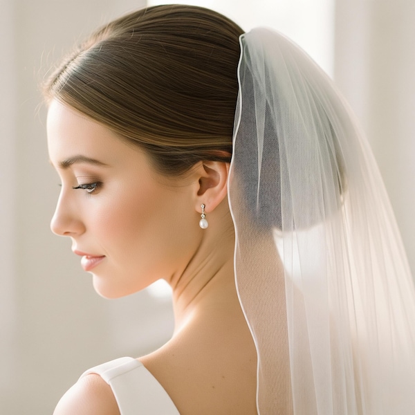 Thin Ribbon Edge Wedding Veil, White or Ivory Bridal Veil, Single Tier Soft Tulle, Fingertip, Chapel Length, Ivory Cathedral Veil