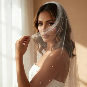 velo de novia de perlas, velo de perlas color marfil para boda, velo nupcial de perlas, velo blanco hasta la punta de los dedos, velo de capilla color marfil, velos de novia largos imagen 3