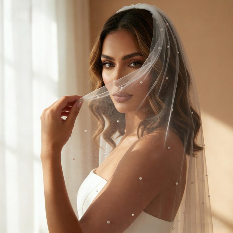 velo de novia de perlas, velo de perlas color marfil para boda, velo nupcial de perlas, velo blanco hasta la punta de los dedos, velo de capilla color marfil, velos de novia largos imagen 3