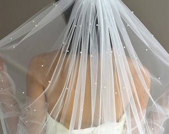 pearl wedding veil, ivory pearl veil for wedding, pearl bridal veil, white fingertip length veil, ivory chapel veil, long wedding veils