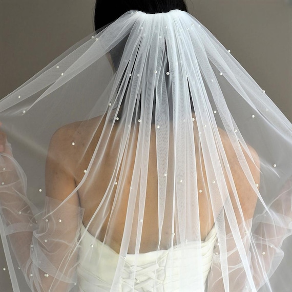 pearl wedding veil, ivory pearl veil for wedding, pearl bridal veil, white fingertip length veil, ivory chapel veil, long wedding veils