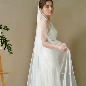 velo de novia de perlas, velo de perlas color marfil para boda, velo nupcial de perlas, velo blanco hasta la punta de los dedos, velo de capilla color marfil, velos de novia largos imagen 6
