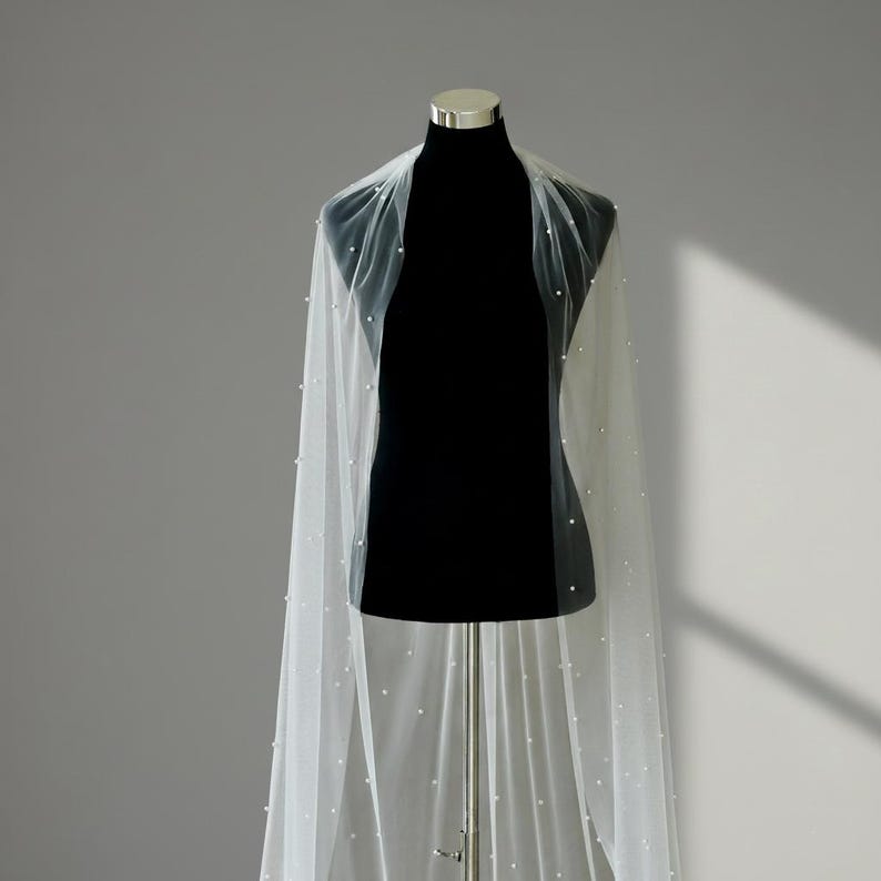 velo de novia de perlas, velo de perlas color marfil para boda, velo nupcial de perlas, velo blanco hasta la punta de los dedos, velo de capilla color marfil, velos de novia largos imagen 9