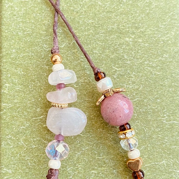Rhodonite & Rose Quartz stone with glass bead string bookmark