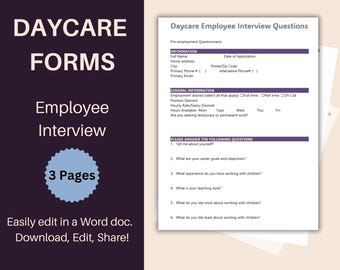 Preguntas de entrevista para personal de guardería: Formulario rellenable para empleados (documento de Word)