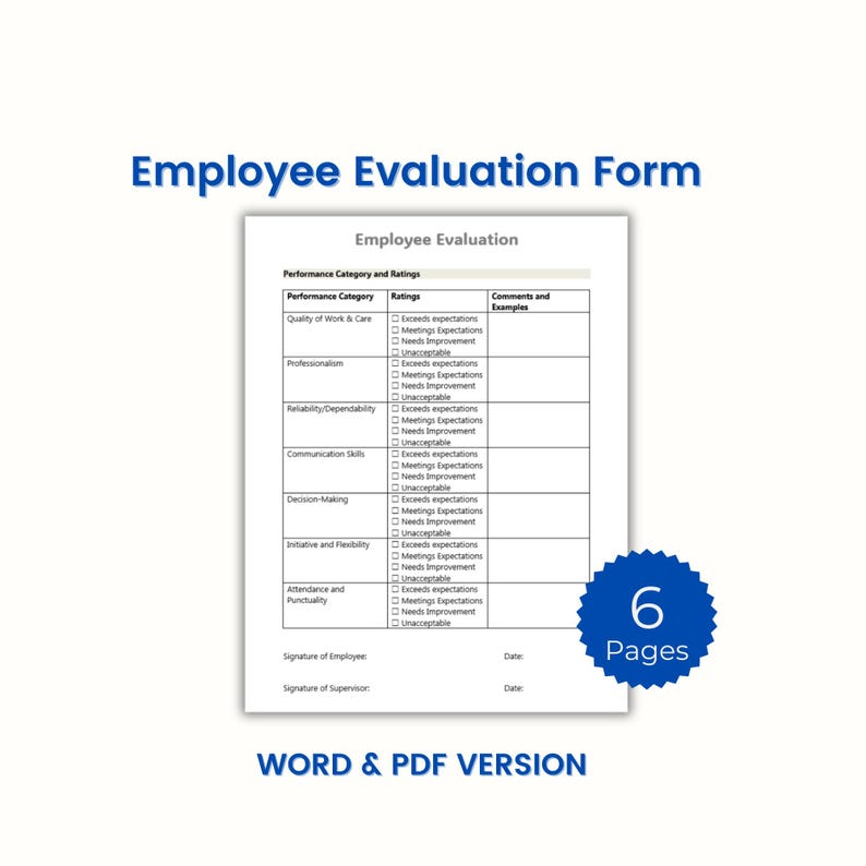 Fillable Employee Performance Review Template (word & PDF) - Etsy