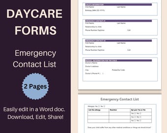 Puede incluir: Un formulario de guardería imprimible con el título "Lista de contactos de emergencia" y el texto "Formularios de guardería" en la parte superior. El formulario incluye secciones para la información del niño, la información de contacto de emergencia y la información médica del niño. El formulario también incluye una sección para alergias y una pregunta sobre otras condiciones médicas.