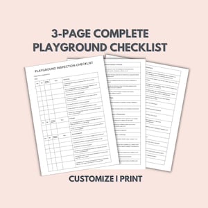 Könnte beinhalten: Eine druckbare 3-seitige Spielplatz-Inspektionsliste mit Abschnitten für die Oberfläche, die Entwässerung, allgemeine Gefahren und mehr. Die Checkliste ist anpassbar und enthält Platz für Datum, Inspektor und inspizierten Bereich.