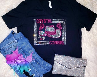 BITTE LESEN Kristall Cowgirl Rodeo Show Strass Bling Bling kristallisierte T-Shirt Hochwertige Glaskristalle