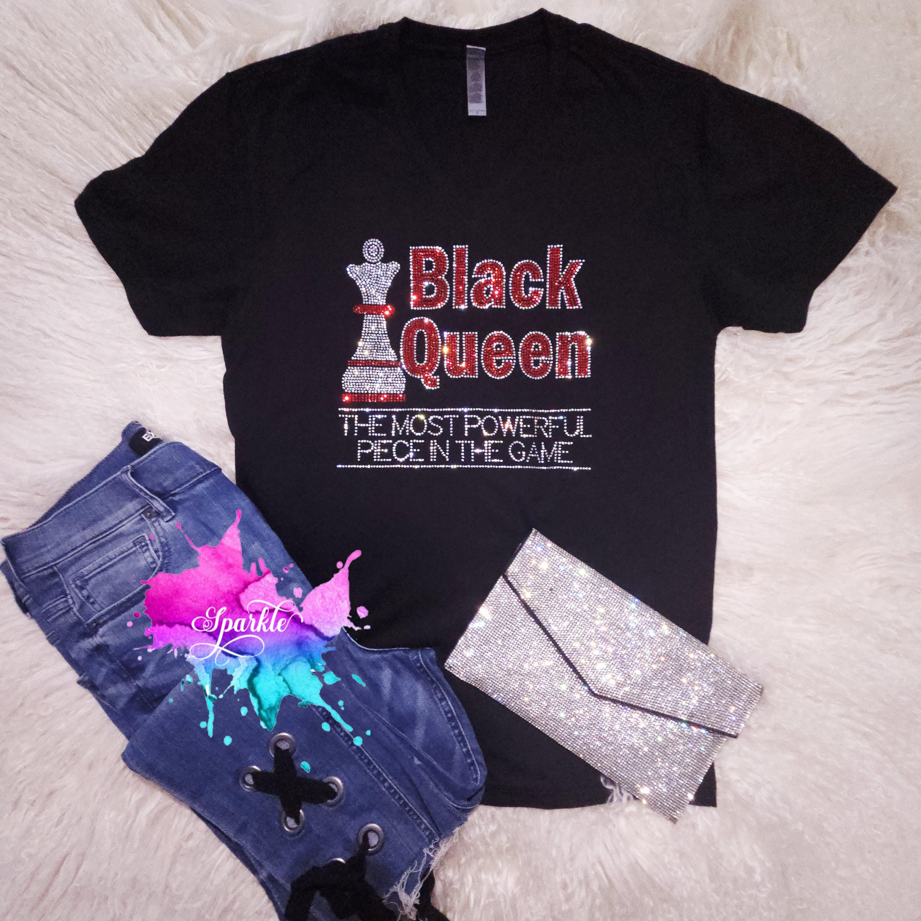 BITTE LESEN Schwarze Königin Das stärkste Stück im Spiel Bling Bling kristallisierte T-Shirt Hochwertige Glaskristalle