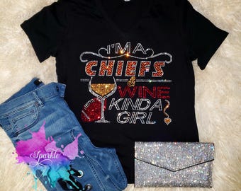 PLEASE READ DESCRIPTION - Rhinestone Chiefs & Wine T-Shirt, Go Team Tee