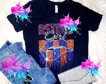 PLEASE READ DESCRIPTION Houston Girl Lips Houston Baseball Love Houston Bling Bling Crystallized T-Shirt High Quality Glass Crystals