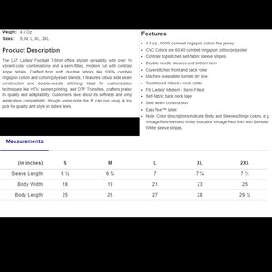 Puede incluir: Una tabla de tallas para una camiseta de mujer con medidas en pulgadas. La tabla muestra la longitud de la manga, el ancho del cuerpo y la longitud del cuerpo para las tallas S, M, L, XL y 2XL.