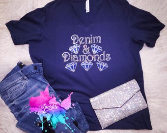PLEASE READ DESCRIPTION Denim & Diamonds Navy Shirt Crystallized Bling Crystallized T-Shirt High Quality Glass Crystals