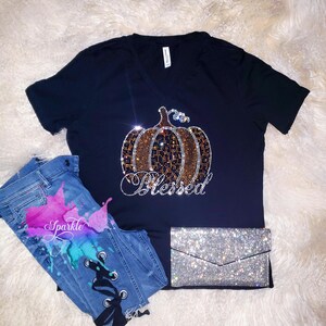 PLEASE READ DESCRIPTION Thanksgiving Fall Pumpkin Blessed Thankful Grateful Holiday Bling Crystallized T-Shirt High Quality Glass Crystals