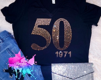 Bitte LESEN SIE BESCHREIBUNG 50 Geburtstag 50. Geburtstagsfeier Alles Gute zum Geburtstag Bling Bling T-Shirt aus Kristallglas Hochwertige Glaskristalle