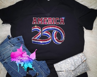 BITTE LESEN SIE DIE BESCHREIBUNG 250 Jahre Amerika Strass T-Shirt: Bunt Bling Tee