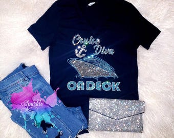 PLEASE READ DESCRIPTION Cruise Diva On Deck Vacation Holiday Carnival Bling Bling Crystallized T-Shirt High Quality Glass Crystals