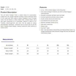 Puede incluir: Una tabla de tallas para una camiseta de f&uacute;tbol para hombre, que muestra las medidas en pulgadas para la longitud de la manga, el ancho del cuerpo y la longitud del cuerpo. La tabla incluye tallas desde la S hasta la 3XL.