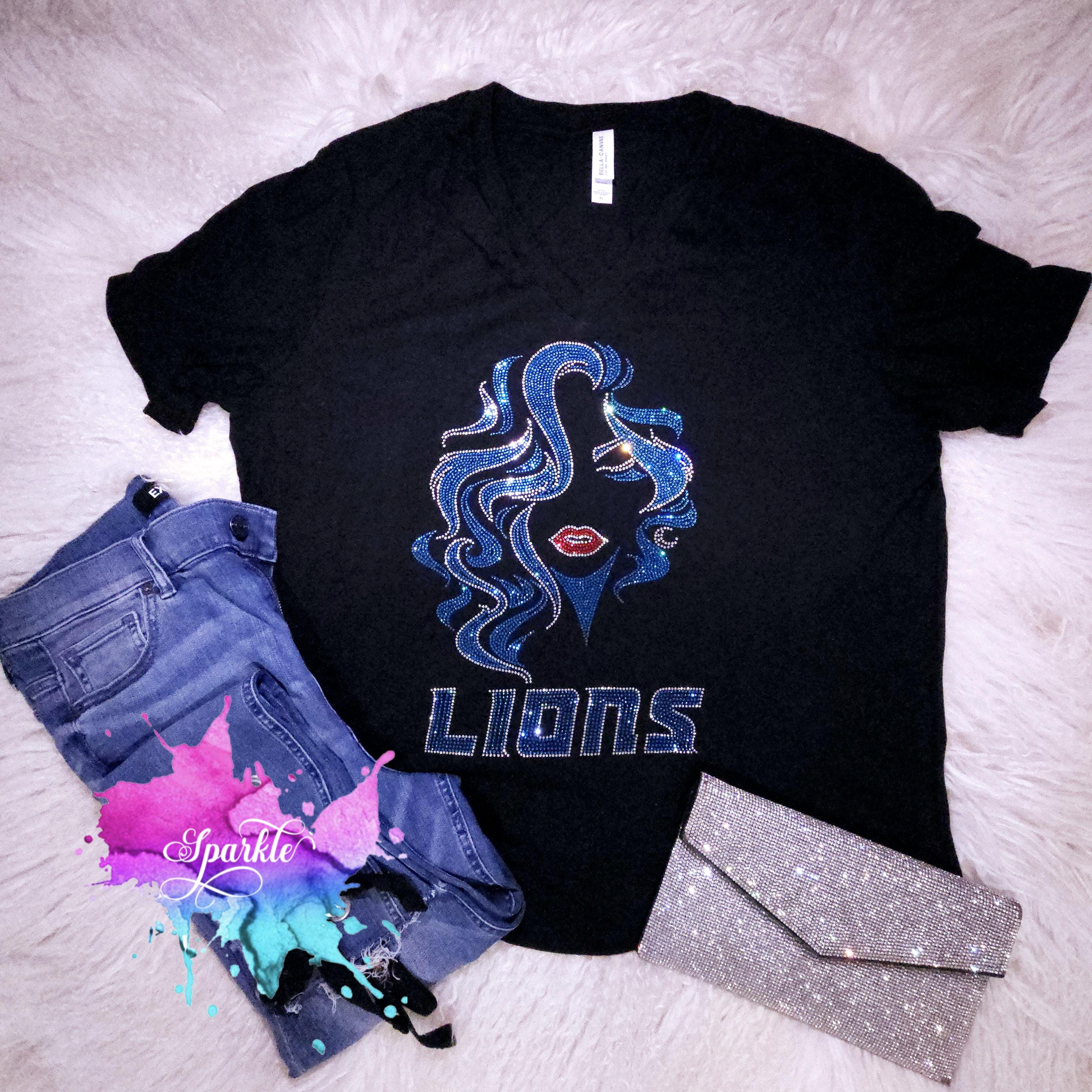 PLEASE READ DESCRIPTION Lions Football Bling T-Shirt: Crystallized V-Neck, Ladies Fit