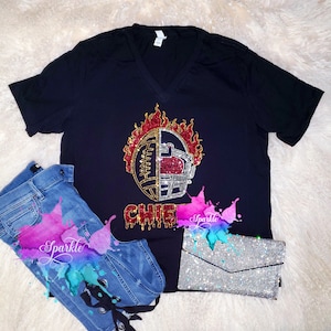 PLEASE READ DESCRIPTION Chiefs Flaming Helmet Rhinestone football Go Chiefs Go Team Chiefs lovers Chiefs fans Crystallized Tee