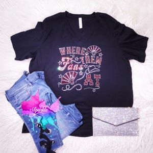 PLEASE READ DESCRIPTION Where Them Fans At Boots on the Ground Cowgirl Rhinestone Bling Bling Crystallized T-Shirt High Quality Crystals